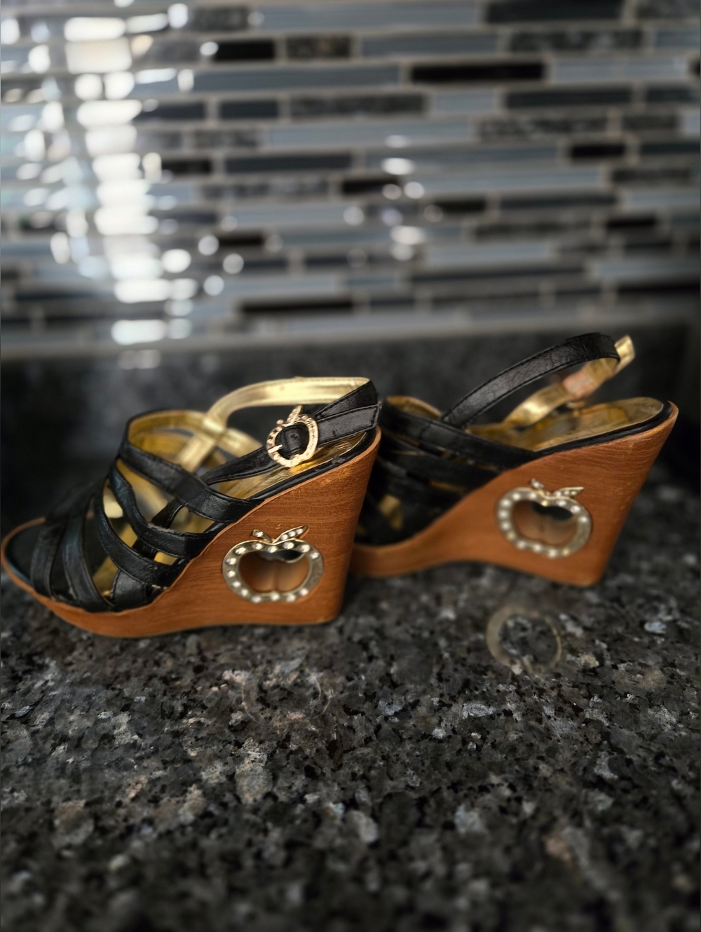 Black Leather Strappy Wedge Sandals with Wood Heel
